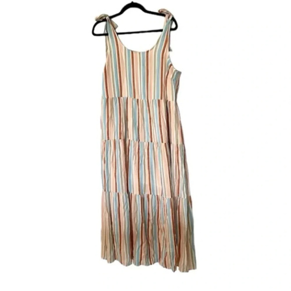LC Lauren Conrad Women’s Multi Striped Tie Shoulder Tiered Maxi Dress Sz L GUC - Picture 1 of 9